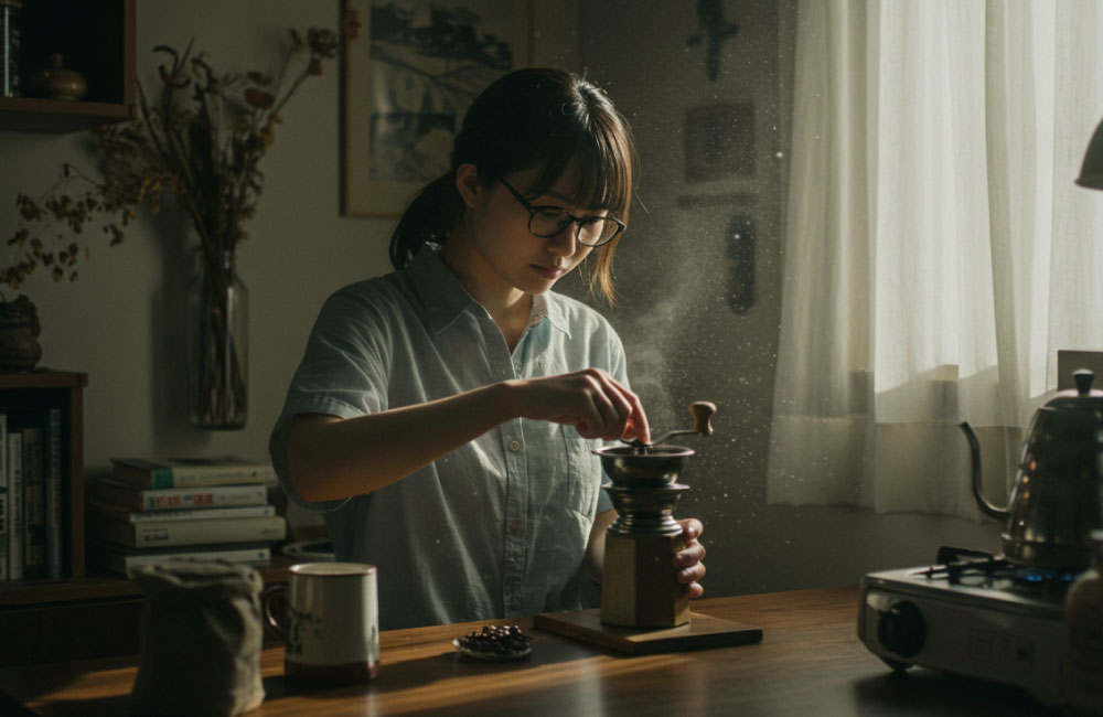 コーヒーを挽く準備をする女性