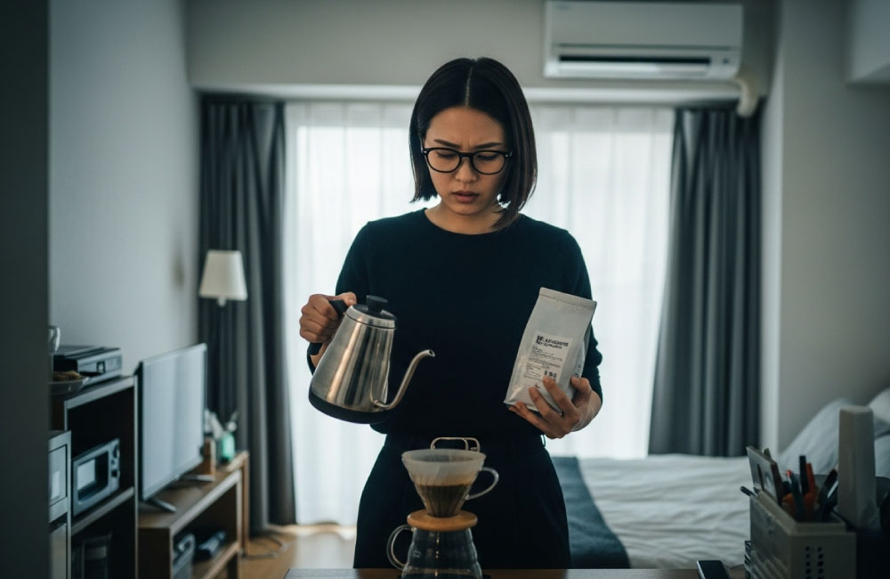 コーヒーの豆の量とお湯の量を迷う女性