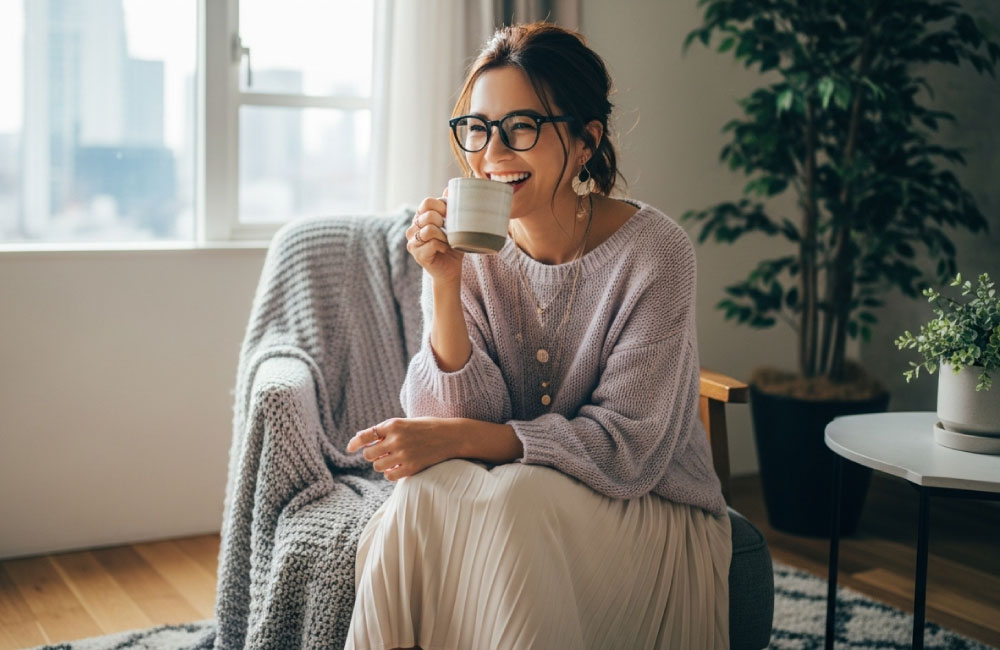 楽しそうにコーヒーを飲む女性
