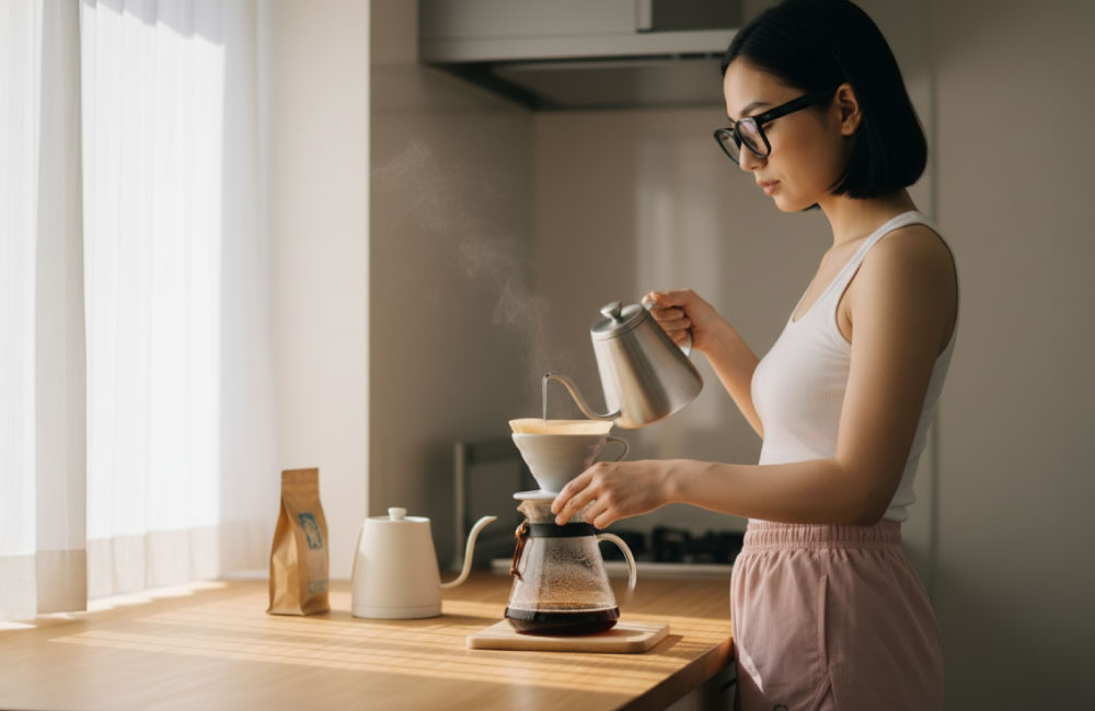 コーヒーを入れる女性